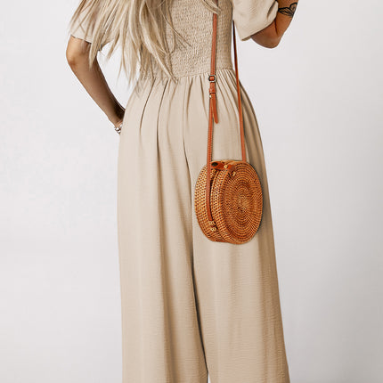 Apricot Short Bubble Sleeve Smocked Wide Leg Jumpsuit