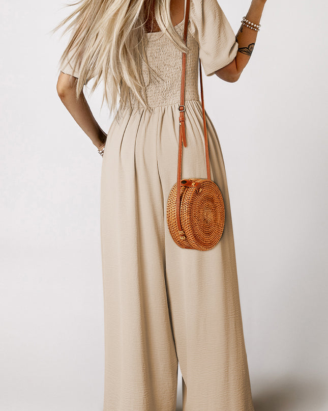Apricot Short Bubble Sleeve Smocked Wide Leg Jumpsuit