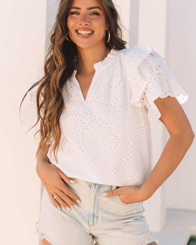 White Broderie Anglaise Ruffle Short Sleeve Blouse