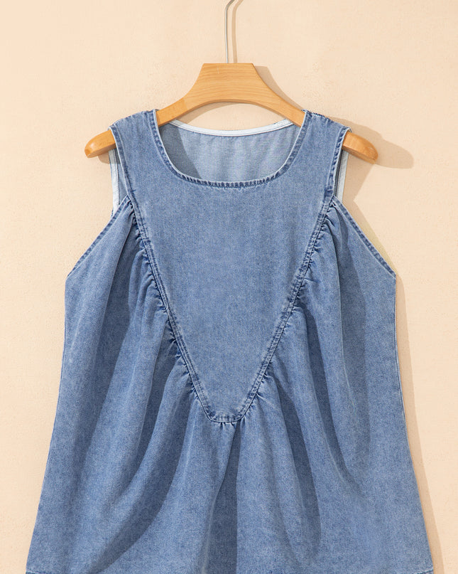 Myosotis Denim Pleated Patchwork Sleeveless Top