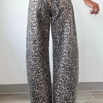 Black Leopard Print High Waist Barrel Jeans