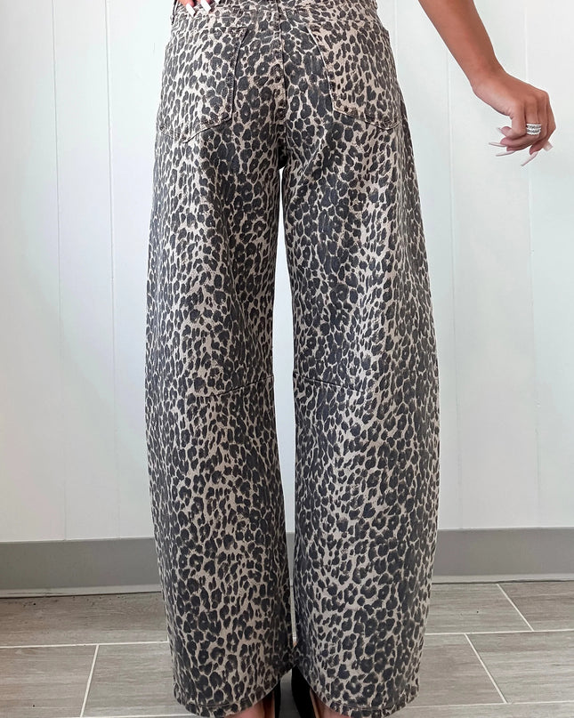 Black Leopard Print High Waist Barrel Jeans