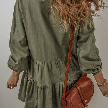 Tan Puff Sleeve Buttoned Tiered Pleated Shirt Mini Dress