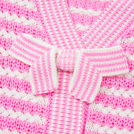 Pink Stripe Short Sleeve Knit V Neck Bow Knot Sweater