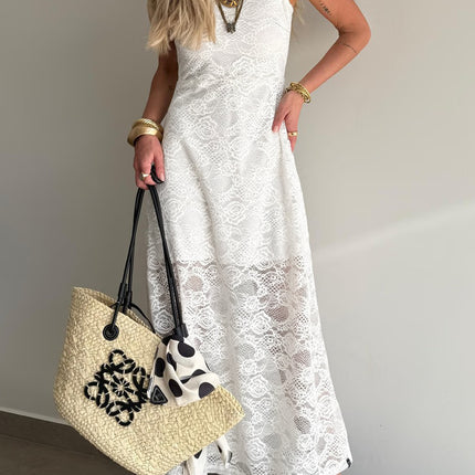 White Tie Spaghetti Straps Floral Lace Overlay Long Dress