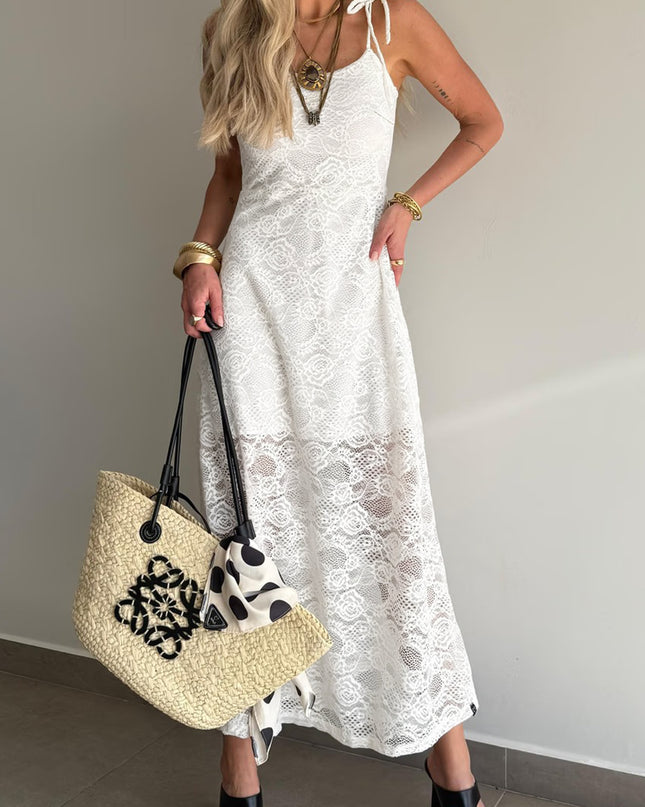 White Tie Spaghetti Straps Floral Lace Overlay Long Dress