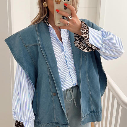 Sky Blue Stripe Ruffled Leopard Patchwork Long Sleeve Button Down Loose Shirt