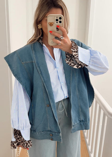 Sky Blue Stripe Ruffled Leopard Patchwork Long Sleeve Button Down Loose Shirt