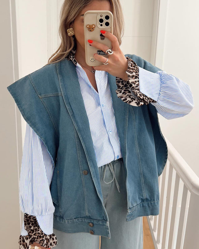 Sky Blue Stripe Ruffled Leopard Patchwork Long Sleeve Button Down Loose Shirt