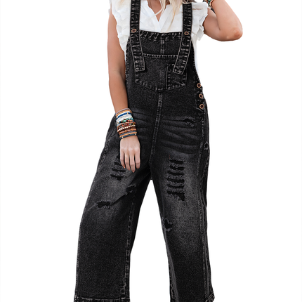 Stone Blue Distressed Bib Pocket Wide Leg Denim Overall