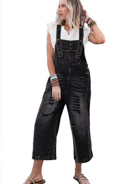 Stone Blue Distressed Bib Pocket Wide Leg Denim Overall