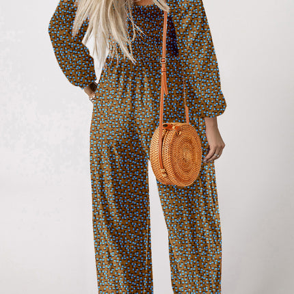 Brown Floral Print Western Smocked Bodice Square Neck Wide Leg Jumpsuit