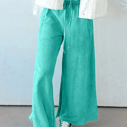 Sea Green Drawstring Elastic Waist Raw Hem Loose Pants