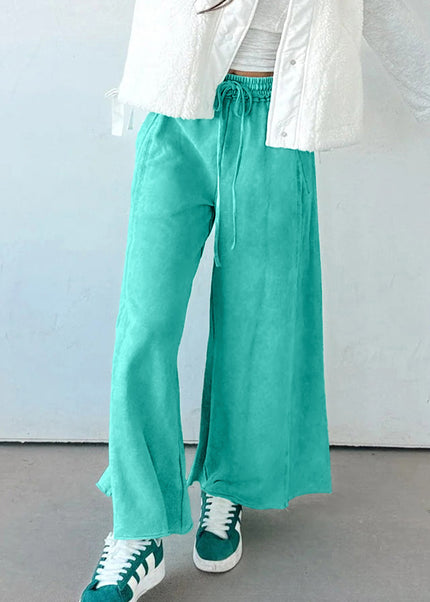 Sea Green Drawstring Elastic Waist Raw Hem Loose Pants