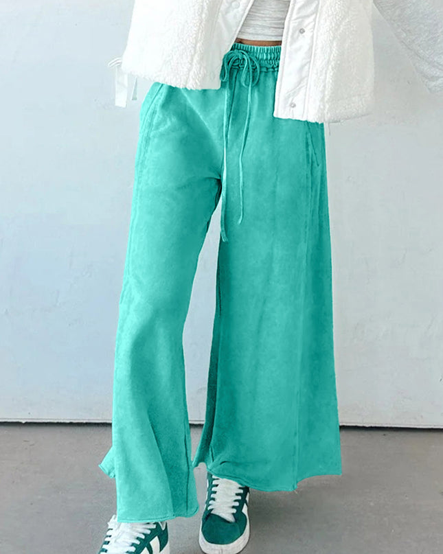 Sea Green Drawstring Elastic Waist Raw Hem Loose Pants
