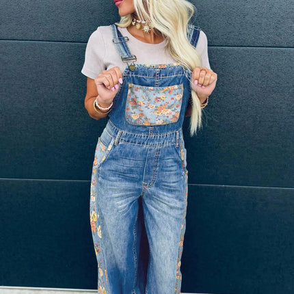 Peacock Blue Floral Patchwork Bib Denim Wide Leg Overalls