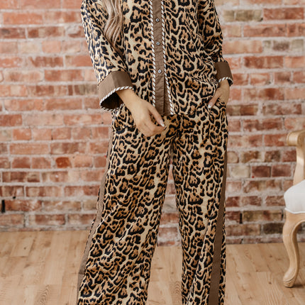 Brown Leopard Collared 3/4 Sleeve Shirt and Loose Pants Two Piece Outfit Set