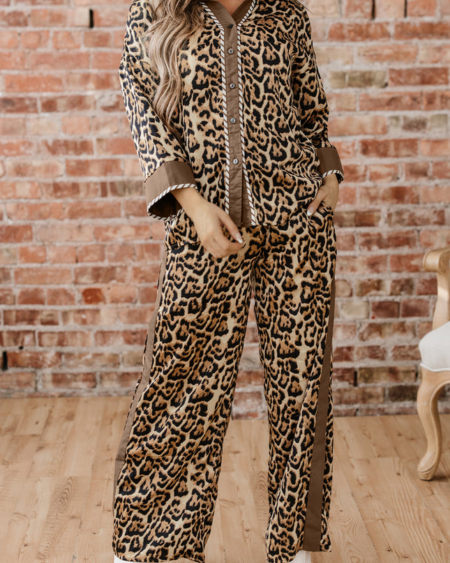 Brown Leopard Collared 3/4 Sleeve Shirt and Loose Pants Two Piece Outfit Set