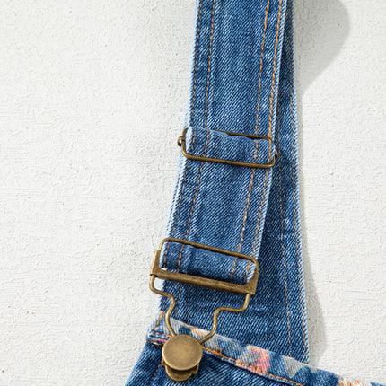 Peacock Blue Floral Patchwork Bib Denim Wide Leg Overalls