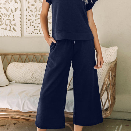 Black Textured Flutter Sleeve Top Wide Leg Pants Set