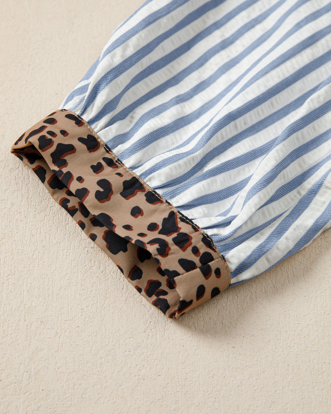 Sky Blue Stripe Leopard Trim V Neck Button Down Half Sleeve Shirt