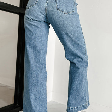 Dusk Blue Multi Buttons Medium Wash Straight Loose Leg Jeans