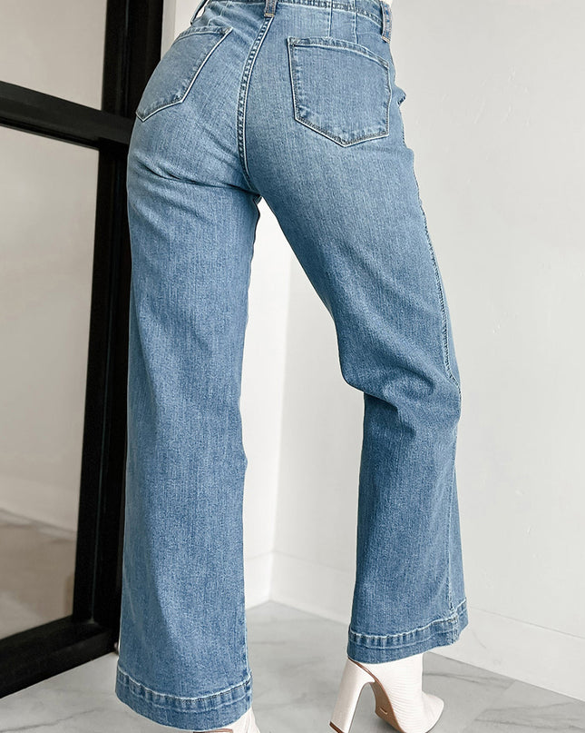 Dusk Blue Multi Buttons Medium Wash Straight Loose Leg Jeans