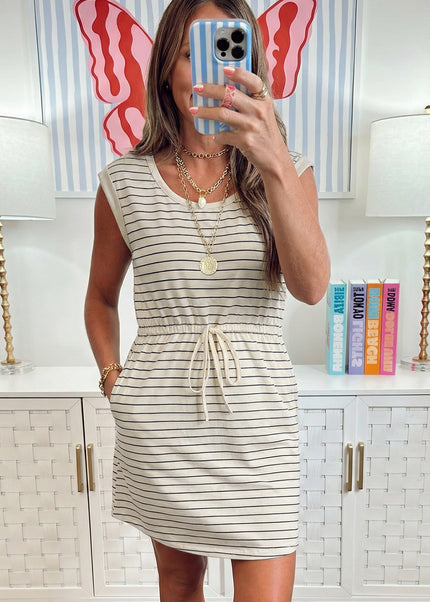 Beige Stripe Drawstring Tunic Tank Mini Dress with Pockets