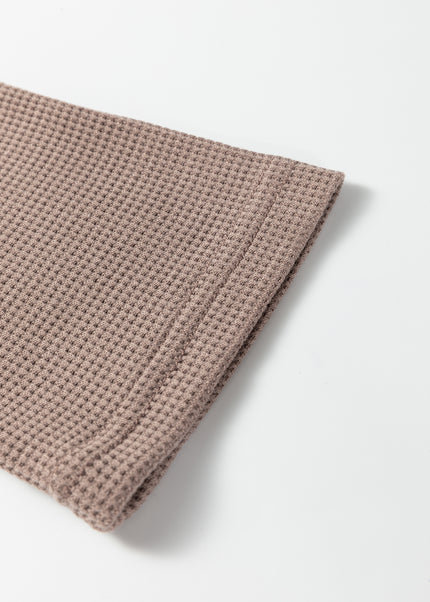 Beige Solid Color Waffle Knit Asymmetric Neck Long Sleeve Top