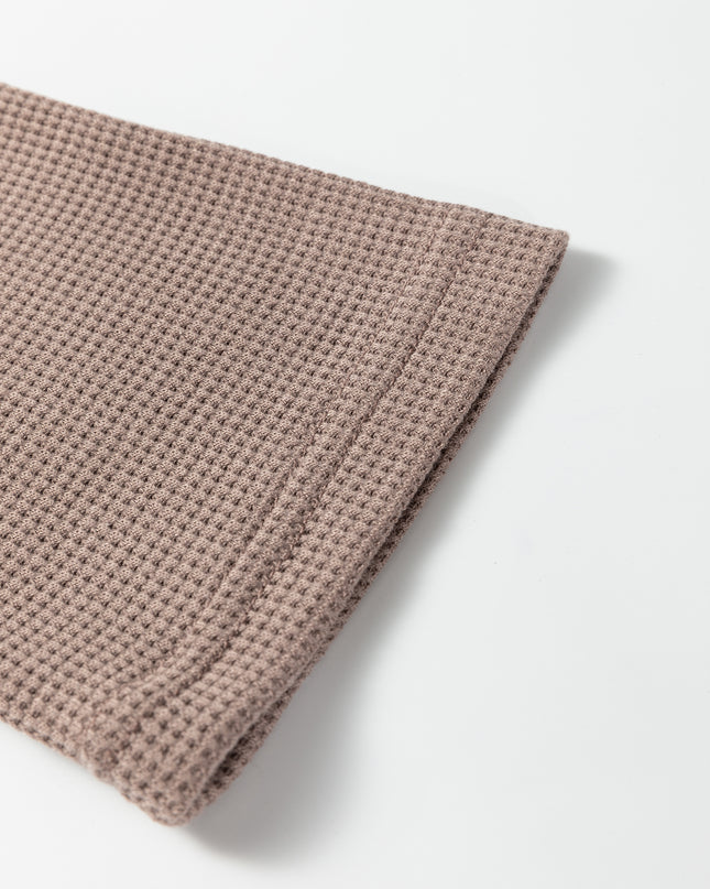 Beige Solid Color Waffle Knit Asymmetric Neck Long Sleeve Top