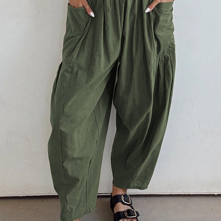 Black Drawstring Elastic Waist Patch Pocket Barrel Leg Casual Pants