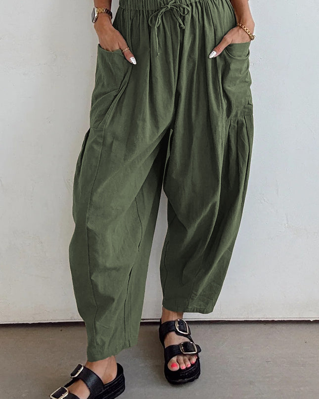 Black Drawstring Elastic Waist Patch Pocket Barrel Leg Casual Pants