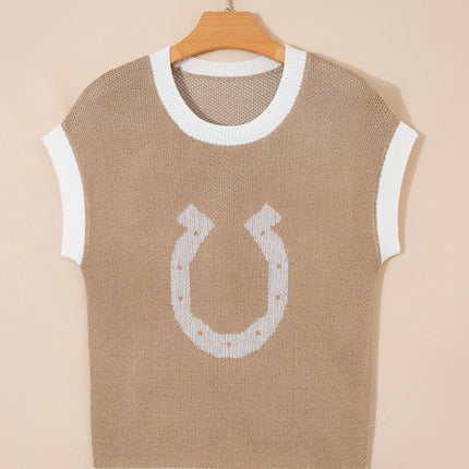 Goat Horse Shoe Pattern Contrast Trim Short Sleeve Sweater