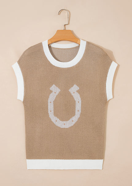 Goat Horse Shoe Pattern Contrast Trim Short Sleeve Sweater