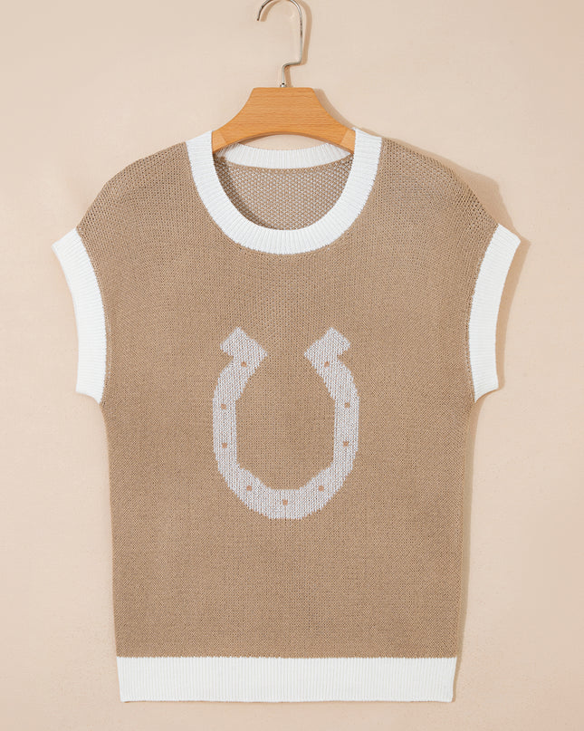 Goat Horse Shoe Pattern Contrast Trim Short Sleeve Sweater