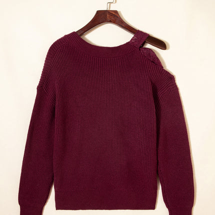 Burgundy Lace Bowknot Asymmetric Neck Sweater