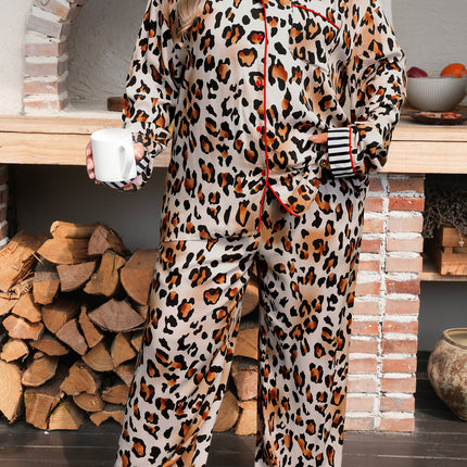 Khaki Plus Leopard Print Contrast Piping Striped Patchwork 2pcs Long Pajama Set