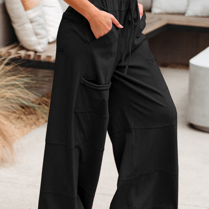 Bonbon Exposed Seam Drawstring Elastic Waistband Wide Leg Cargo Pants
