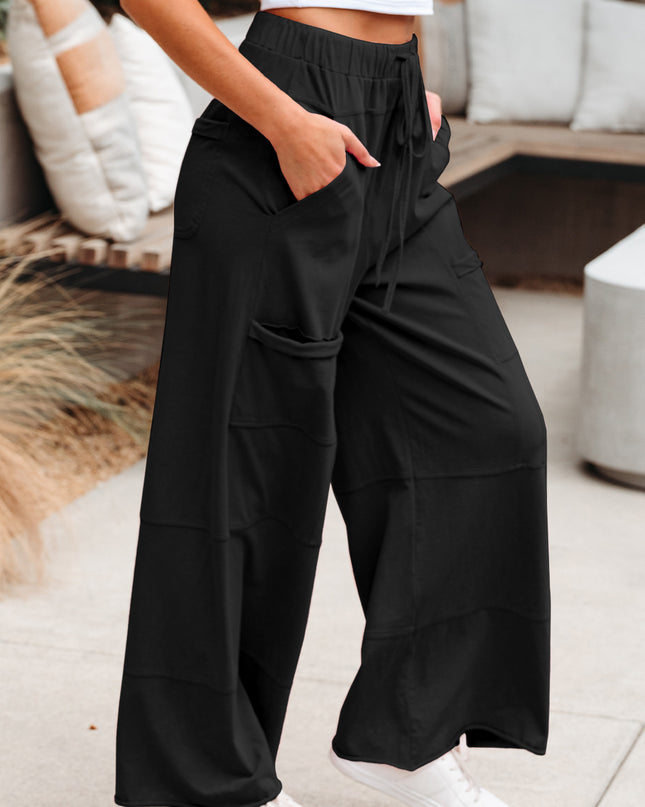 Bonbon Exposed Seam Drawstring Elastic Waistband Wide Leg Cargo Pants