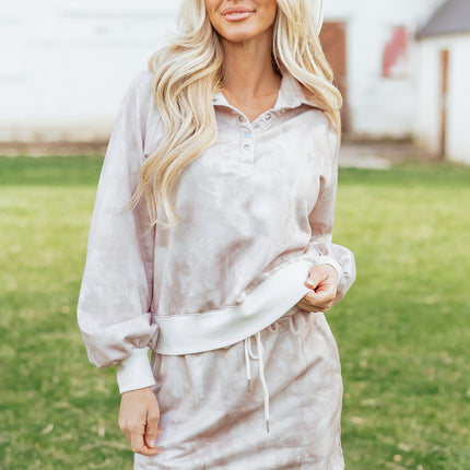 White Abstract Woodland Print Balloon Sleeve Pullover Drawstring Mini Skort Set