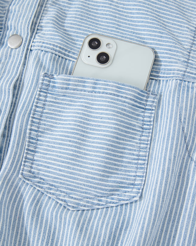 Sky Blue Stripe Collared Button Front Sleeveless Denim Mini Dress