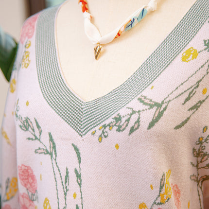 Pink Floral Pattern Striped V Neck Loose Sweater