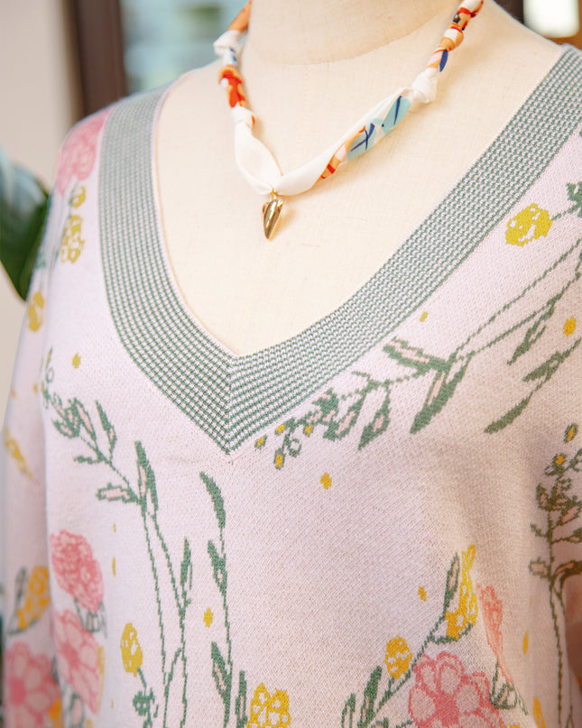 Pink Floral Pattern Striped V Neck Loose Sweater