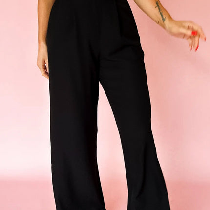 Black Pleated Detail Pull On High Elastic Waist Loose Straight Pants