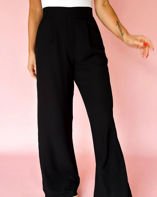 Black Pleated Detail Pull On High Elastic Waist Loose Straight Pants