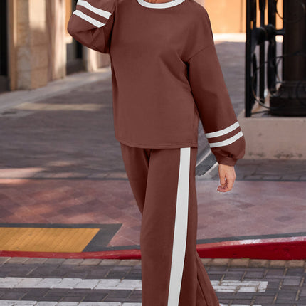 Gray Varsity Stripe Patchwork Puff Sleeve Pullover Drawstring Wide Leg Pant Set