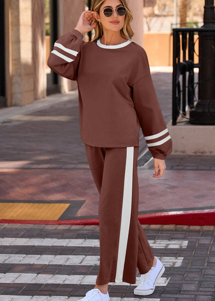 Gray Varsity Stripe Patchwork Puff Sleeve Pullover Drawstring Wide Leg Pant Set