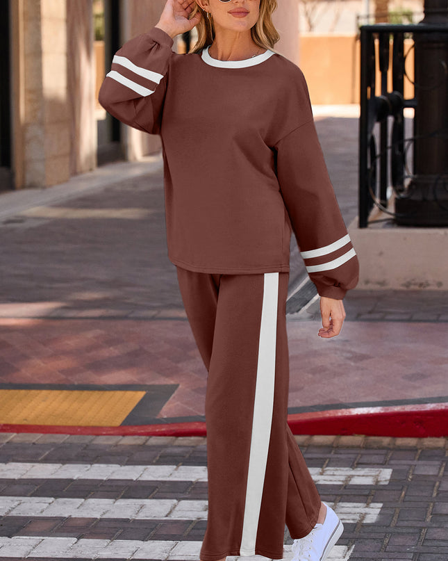 Gray Varsity Stripe Patchwork Puff Sleeve Pullover Drawstring Wide Leg Pant Set