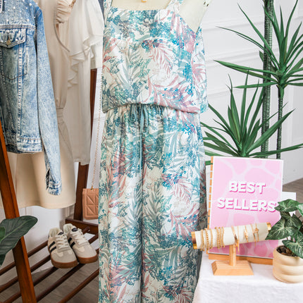 Green Tropical Palm Printed Cropped Tank Drawstring Wide Leg Pant Set