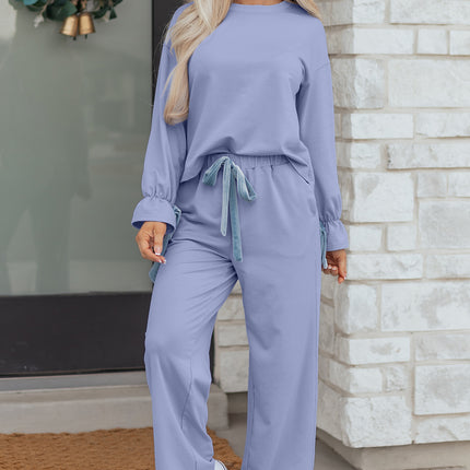 Beau Blue Flounce Long Sleeve Top Drawstring Pants Contrast Velvet Bow Knot 2pcs Lounge Set